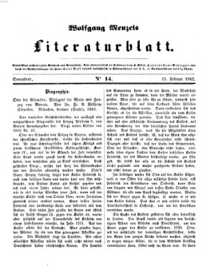 Literaturblatt (Morgenblatt für gebildete Stände) Samstag 15. Februar 1862