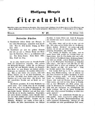 Literaturblatt (Morgenblatt für gebildete Stände) Mittwoch 26. Februar 1862