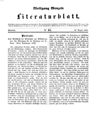 Literaturblatt (Morgenblatt für gebildete Stände) Mittwoch 10. August 1864