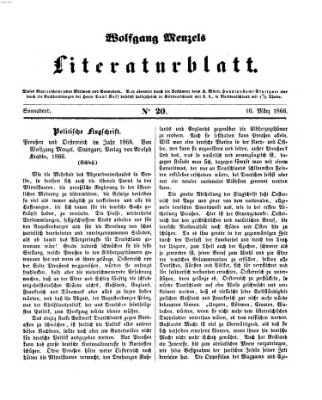 Literaturblatt (Morgenblatt für gebildete Stände) Samstag 10. März 1866