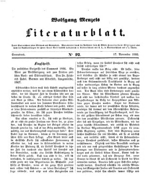 Literaturblatt (Morgenblatt für gebildete Stände) Samstag 17. November 1866