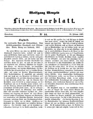 Literaturblatt (Morgenblatt für gebildete Stände) Samstag 16. Februar 1867