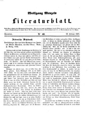 Literaturblatt (Morgenblatt für gebildete Stände) Samstag 23. Februar 1867