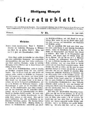 Literaturblatt (Morgenblatt für gebildete Stände) Mittwoch 31. Juli 1867