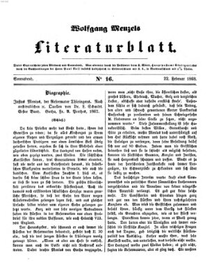 Literaturblatt (Morgenblatt für gebildete Stände) Samstag 22. Februar 1868