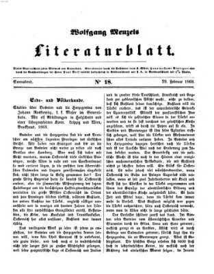 Literaturblatt (Morgenblatt für gebildete Stände) Samstag 29. Februar 1868