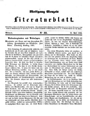 Literaturblatt (Morgenblatt für gebildete Stände) Mittwoch 22. April 1868