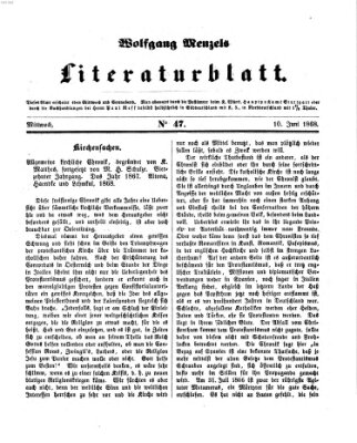 Literaturblatt (Morgenblatt für gebildete Stände) Mittwoch 10. Juni 1868