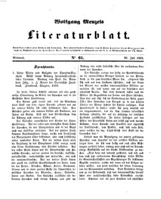 Literaturblatt (Morgenblatt für gebildete Stände) Mittwoch 29. Juli 1868