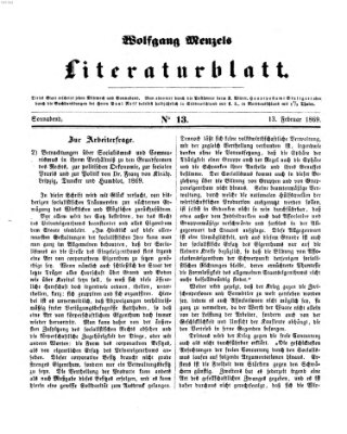 Literaturblatt (Morgenblatt für gebildete Stände) Samstag 13. Februar 1869