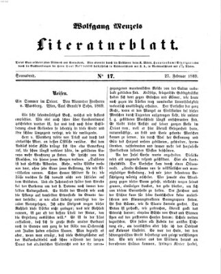 Literaturblatt (Morgenblatt für gebildete Stände) Samstag 27. Februar 1869