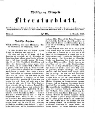 Literaturblatt (Morgenblatt für gebildete Stände) Mittwoch 8. Dezember 1869