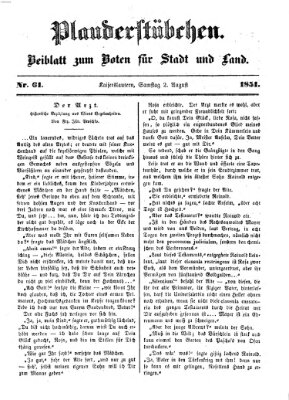 Plauderstübchen Samstag 2. August 1851