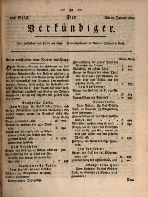 Der Verkündiger oder Zeitschrift für die Fortschritte und neuesten Beobachtungen, Entdeckungen und Erfindungen in den Künsten und Wissenschaften und für gegenseitige Unterhaltung Freitag 27. Januar 1809