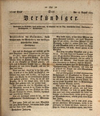 Der Verkündiger oder Zeitschrift für die Fortschritte und neuesten Beobachtungen, Entdeckungen und Erfindungen in den Künsten und Wissenschaften und für gegenseitige Unterhaltung Donnerstag 15. August 1811