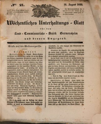 Wöchentliches Unterhaltungs-Blatt für den Land-Commissariats-Bezirk Germersheim und dessen Umgebung Samstag 31. August 1833