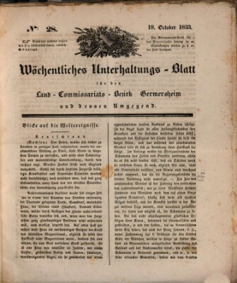 Wöchentliches Unterhaltungs-Blatt für den Land-Commissariats-Bezirk Germersheim und dessen Umgebung Samstag 19. Oktober 1833