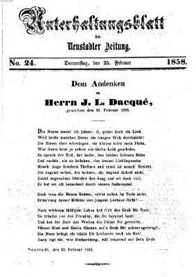 Neustadter Zeitung. Unterhaltungsblatt der Neustadter Zeitung (Neustadter Zeitung) Donnerstag 25. Februar 1858