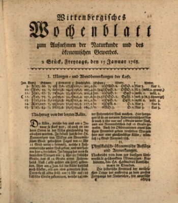 Wittenbergsches Wochenblatt zum Aufnehmen der Naturkunde und des ökonomischen Gewerbes Freitag 15. Januar 1768