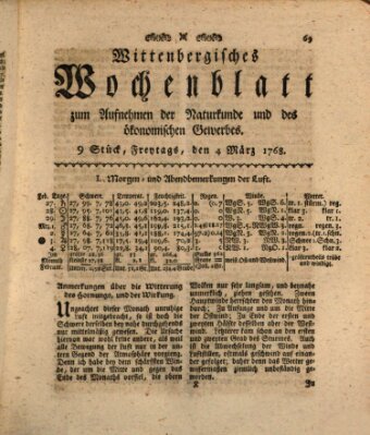 Wittenbergsches Wochenblatt zum Aufnehmen der Naturkunde und des ökonomischen Gewerbes Freitag 4. März 1768