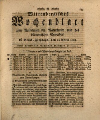 Wittenbergsches Wochenblatt zum Aufnehmen der Naturkunde und des ökonomischen Gewerbes Freitag 22. April 1768