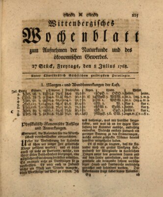 Wittenbergsches Wochenblatt zum Aufnehmen der Naturkunde und des ökonomischen Gewerbes Freitag 8. Juli 1768