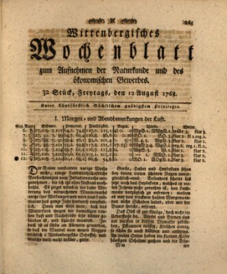 Wittenbergsches Wochenblatt zum Aufnehmen der Naturkunde und des ökonomischen Gewerbes Freitag 12. August 1768