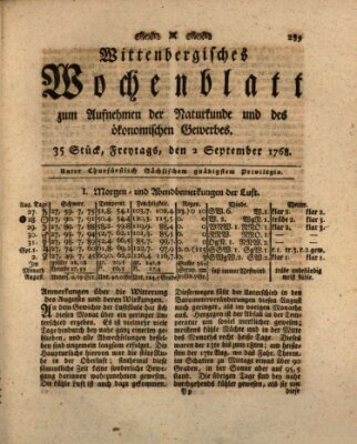 Wittenbergsches Wochenblatt zum Aufnehmen der Naturkunde und des ökonomischen Gewerbes Freitag 2. September 1768