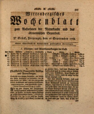 Wittenbergsches Wochenblatt zum Aufnehmen der Naturkunde und des ökonomischen Gewerbes Freitag 16. September 1768