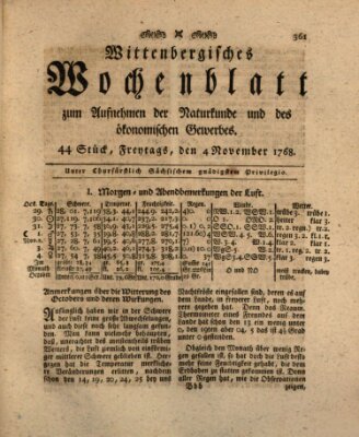 Wittenbergsches Wochenblatt zum Aufnehmen der Naturkunde und des ökonomischen Gewerbes Freitag 4. November 1768