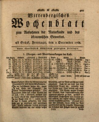 Wittenbergsches Wochenblatt zum Aufnehmen der Naturkunde und des ökonomischen Gewerbes Freitag 2. Dezember 1768