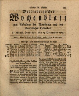 Wittenbergsches Wochenblatt zum Aufnehmen der Naturkunde und des ökonomischen Gewerbes Freitag 23. Dezember 1768