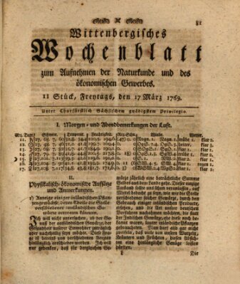 Wittenbergsches Wochenblatt zum Aufnehmen der Naturkunde und des ökonomischen Gewerbes Freitag 17. März 1769