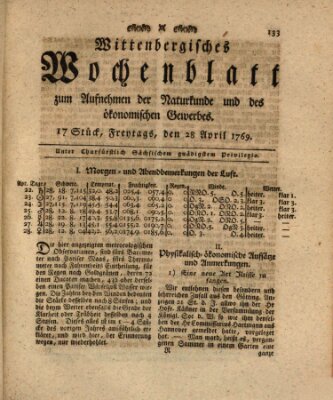 Wittenbergsches Wochenblatt zum Aufnehmen der Naturkunde und des ökonomischen Gewerbes Freitag 28. April 1769