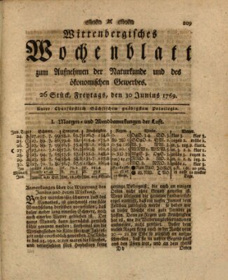 Wittenbergsches Wochenblatt zum Aufnehmen der Naturkunde und des ökonomischen Gewerbes Freitag 30. Juni 1769