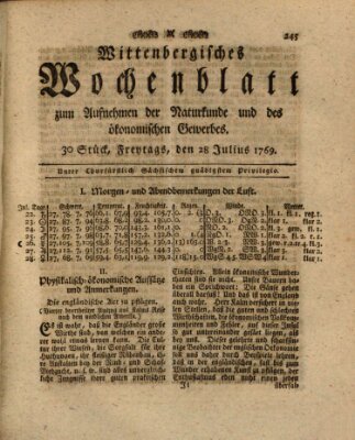 Wittenbergsches Wochenblatt zum Aufnehmen der Naturkunde und des ökonomischen Gewerbes Freitag 28. Juli 1769