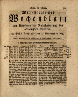 Wittenbergsches Wochenblatt zum Aufnehmen der Naturkunde und des ökonomischen Gewerbes Freitag 15. September 1769