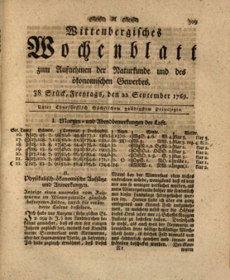 Wittenbergsches Wochenblatt zum Aufnehmen der Naturkunde und des ökonomischen Gewerbes Freitag 22. September 1769