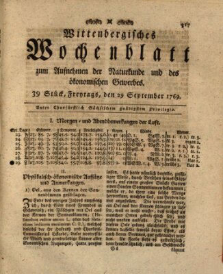 Wittenbergsches Wochenblatt zum Aufnehmen der Naturkunde und des ökonomischen Gewerbes Freitag 29. September 1769