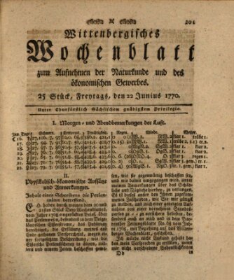 Wittenbergsches Wochenblatt zum Aufnehmen der Naturkunde und des ökonomischen Gewerbes Freitag 22. Juni 1770