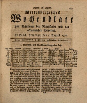 Wittenbergsches Wochenblatt zum Aufnehmen der Naturkunde und des ökonomischen Gewerbes Freitag 31. August 1770