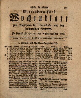 Wittenbergsches Wochenblatt zum Aufnehmen der Naturkunde und des ökonomischen Gewerbes Freitag 7. September 1770