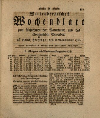 Wittenbergsches Wochenblatt zum Aufnehmen der Naturkunde und des ökonomischen Gewerbes Freitag 16. November 1770