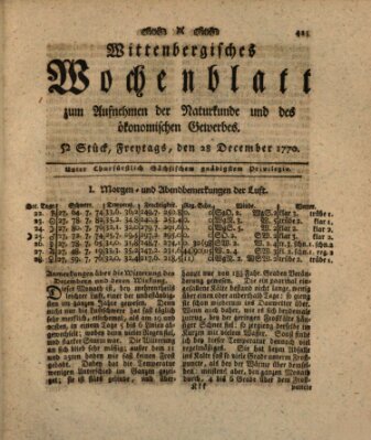 Wittenbergsches Wochenblatt zum Aufnehmen der Naturkunde und des ökonomischen Gewerbes Freitag 28. Dezember 1770