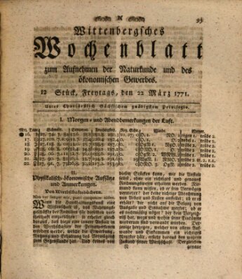 Wittenbergsches Wochenblatt zum Aufnehmen der Naturkunde und des ökonomischen Gewerbes Freitag 22. März 1771