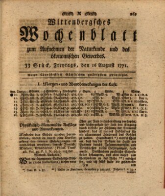 Wittenbergsches Wochenblatt zum Aufnehmen der Naturkunde und des ökonomischen Gewerbes Freitag 16. August 1771