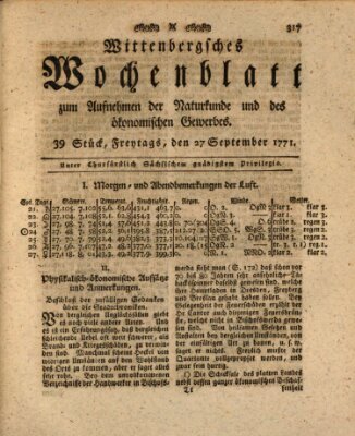 Wittenbergsches Wochenblatt zum Aufnehmen der Naturkunde und des ökonomischen Gewerbes Freitag 27. September 1771