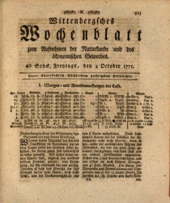 Wittenbergsches Wochenblatt zum Aufnehmen der Naturkunde und des ökonomischen Gewerbes Freitag 4. Oktober 1771