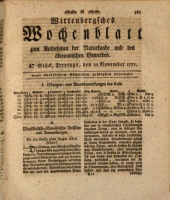 Wittenbergsches Wochenblatt zum Aufnehmen der Naturkunde und des ökonomischen Gewerbes Freitag 22. November 1771