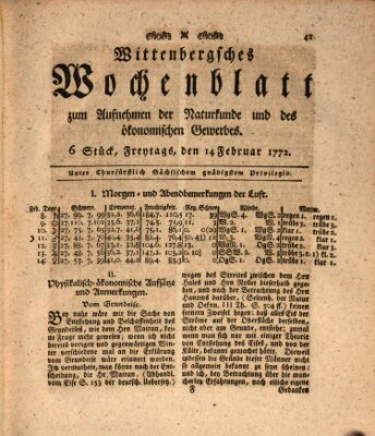 Wittenbergsches Wochenblatt zum Aufnehmen der Naturkunde und des ökonomischen Gewerbes Freitag 14. Februar 1772